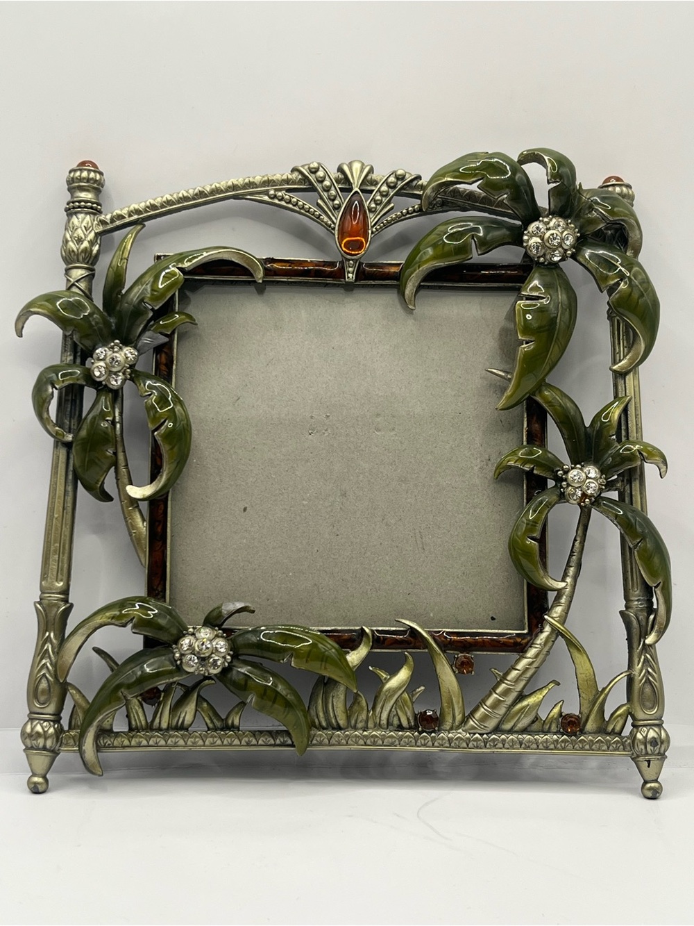 Z GALLERIE 4X4 Heavy Metal Jeweled Enamel Tropical Palm Tree Photo Frame